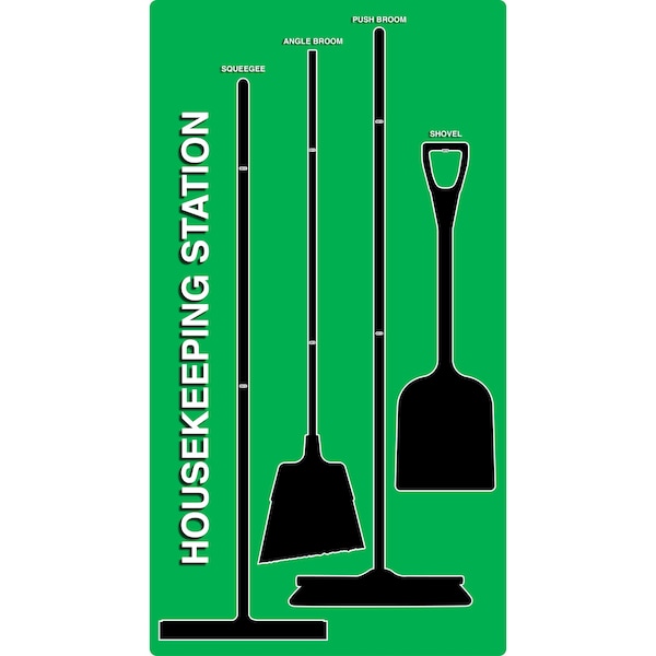 5S Housekeeping Shadow Board Broom Station Version 6 - Green Board / Black Shadows  With Broom